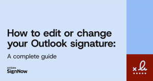 A blue blog thumbnail image with text: How to edit or change your Outlook signature: A complete guide